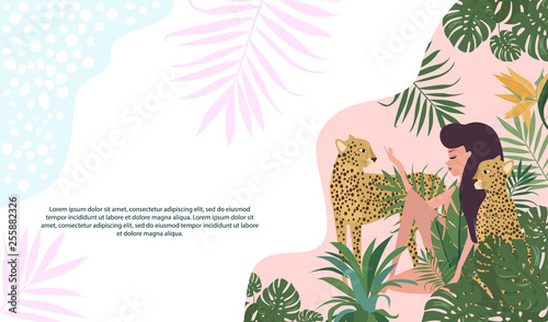 Tropical background with tropical plant, woman and leopard. Be wild, Urban jungle card. Editable vector illustration
