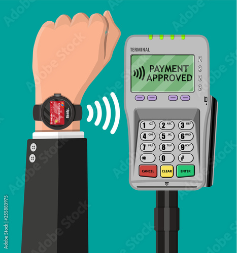 Smart watch contactless payments. Smartwatch on hand and POS terminal. Wireless, contactless or cashless payments, rfid nfc. Vector illustration in flat style