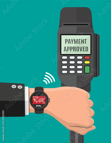 Smart watch contactless payments. Smartwatch on hand and POS terminal. Wireless, contactless or cashless payments, rfid nfc. Vector illustration in flat style