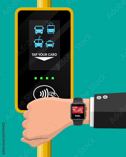 Hand with smartwatch and bank card near terminal. Airport, metro, bus, subway ticket validator. Wireless contactless cashless payments, rfid nfc. Flat vector illustration