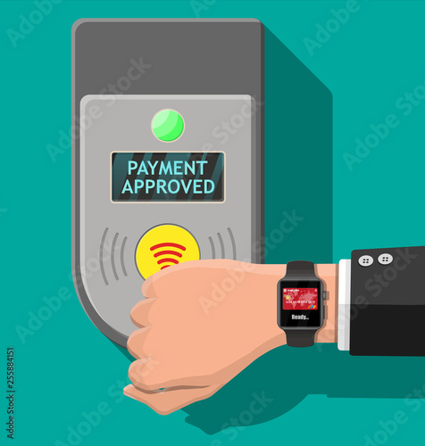 Hand with smartwatch and bank card near terminal. Airport, metro, bus, subway ticket validator. Wireless contactless cashless payments, rfid nfc. Flat vector illustration