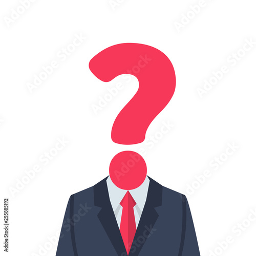 Fototapeta Naklejka Na Ścianę i Meble -  Businessman with question mark instead of head. Human in front of whom the big problems and solution issues. Vector illustration flat design. Isolated on white background.