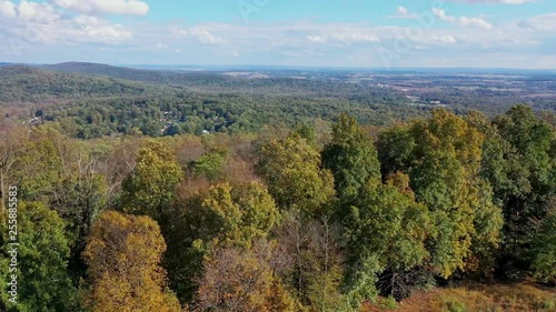 Drone flying above treetops on Mount Gretna, PA, in late summer, early autumn, trees in autumn colors, fall foliage photo