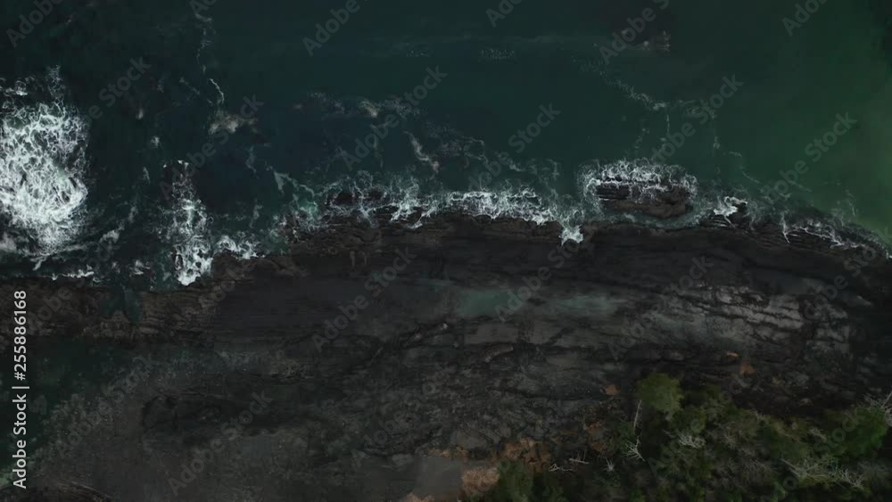 Downward view from a drone as it ascends over a remote rocky shoreline on Northern Vancouver Island, with pine trees and turquoise water. Downward view from a drone as it ascends over a remote rocky shoreline on Northern Vancouver Island, with pine trees and turquoise water.