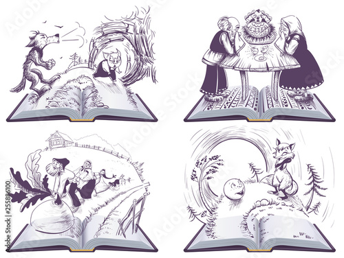 Russian folk tales set open book illustration