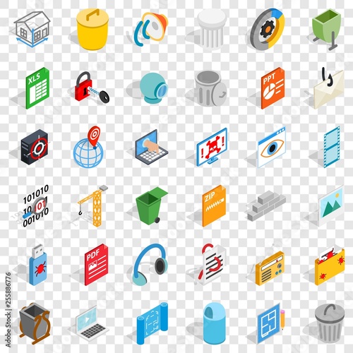 Computer part icons set. Isometric style of 36 computer part vector icons for web for any design photo