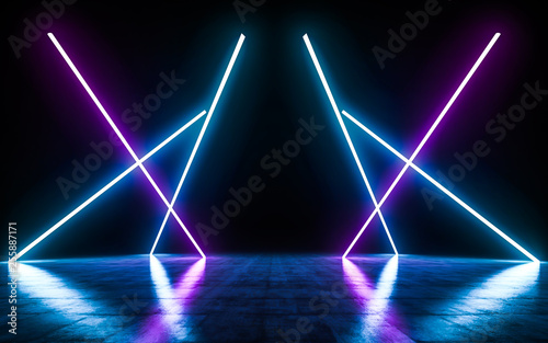 Futuristic Sci Fi blue and purple neon tube lights glowing with refelctions empty space. 3D rendering