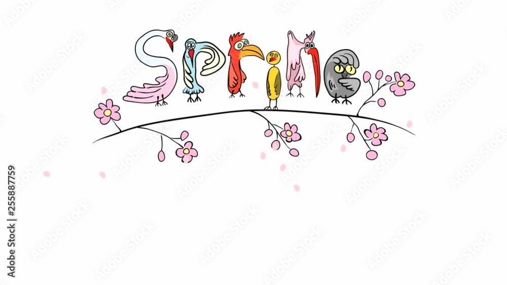 graphic animation exotic birds that bounce on a blossoming cherry branch . spring funny rain of petals graphic animation exotic birds that bounce on a blossoming cherry branch . spring funny rain of petals