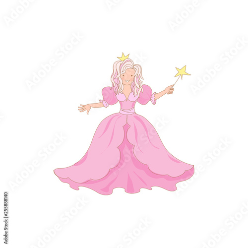 Cute kawaii princess fairy with magic stick and crown icon isolated