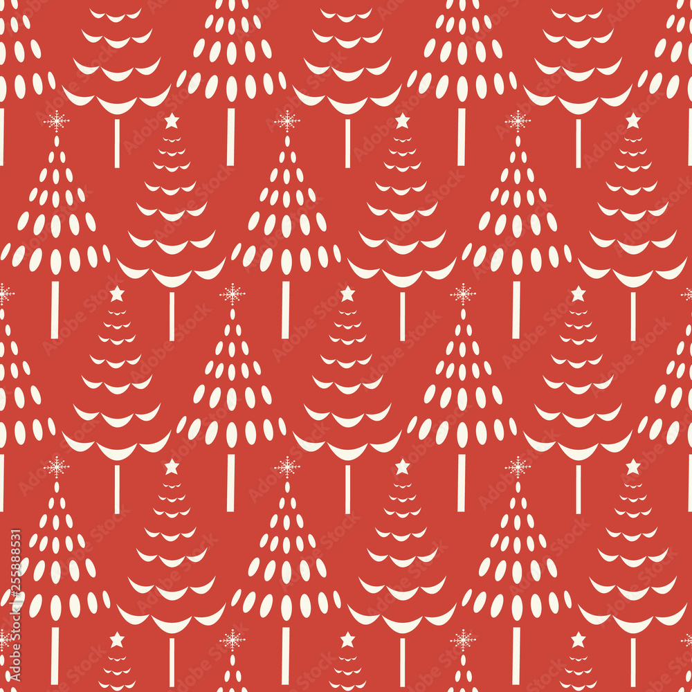 Vector seamless pattern of white Christmas trees on a red background. A surface pattern background pattern ideal for Christmas projects.