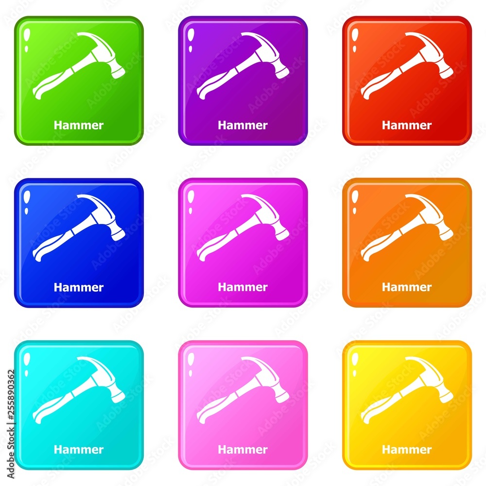 Hammer icons set 9 color collection isolated on white for any design Hammer icons set 9 color collection isolated on white for any design