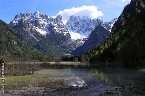 Lake Landro in front of Monte Cristallo, Dolomites, South Tyrol 