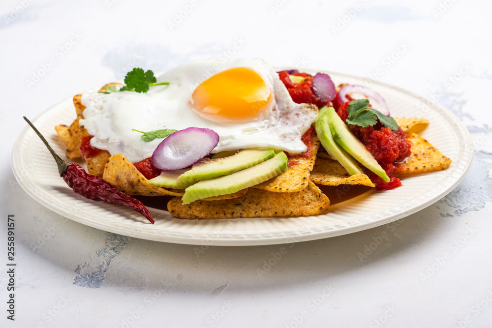 Mexican breakfast - chilaquiles dish Mexican breakfast - chilaquiles dish
