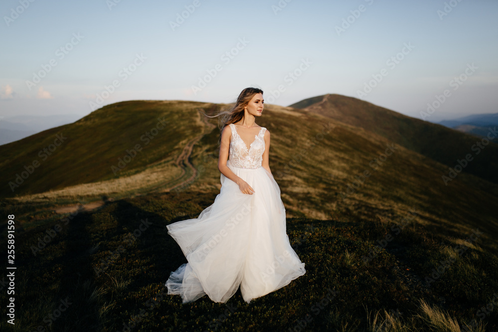 Stylish bride standing on beautiful landscape of mountains on sunset