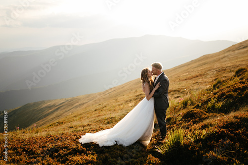 Beautiful wedding couple, bride and groom, in love on the background of mountains
