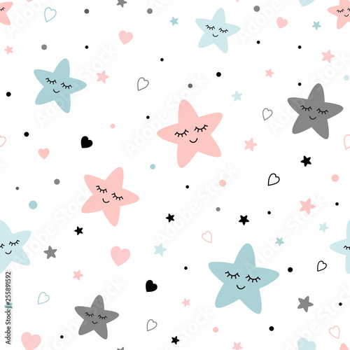 Fototapeta Seamless cute children pattern with stars hearts Kids texture fabri wallpaper background Vector illustration