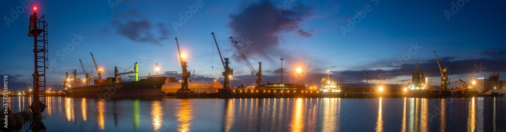 bulk cargo ships in the sea port at night, high resolution panorama