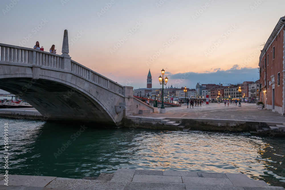 Panoramic view of Laguna Veneta coast of Venice city with bridge