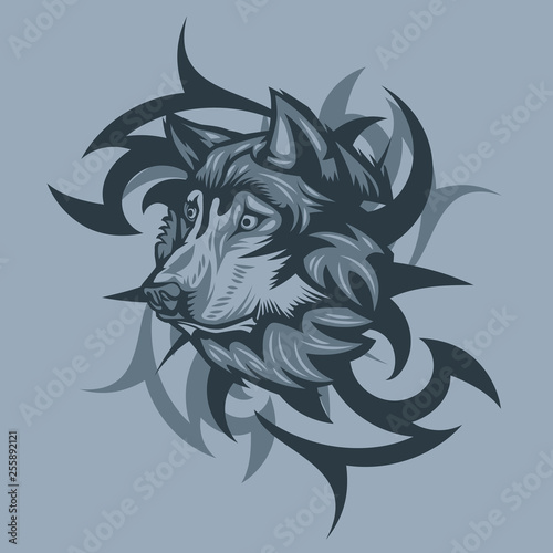Wolf with Tribal background tattoo style.