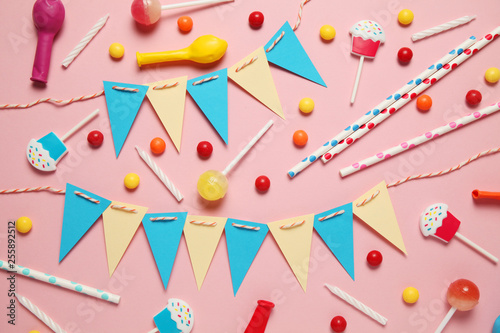 Minimal happy birthday decor for party. Sweet candy, balloons, straw.