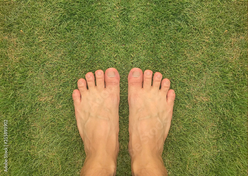 healthy barefoot standing on green grass land.