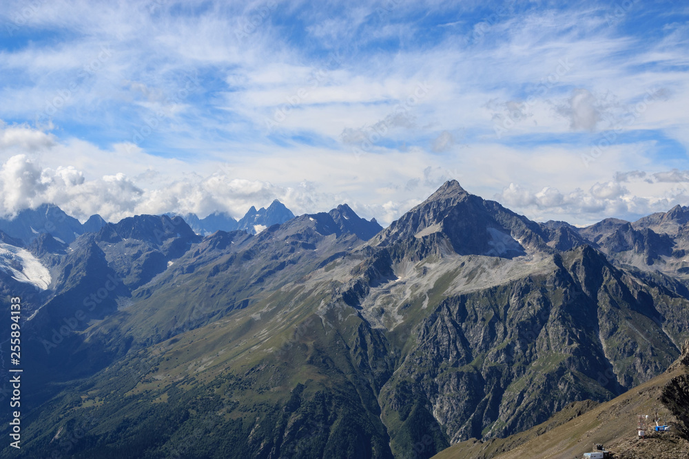 Panorama view of dramatic sky and mountains scene in national park Dombay Panorama view of dramatic sky and mountains scene in national park Dombay