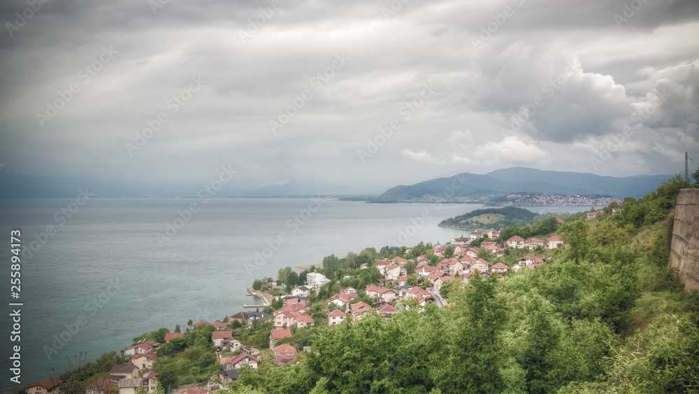 Panoramic aerial view to Ohrid lake and city from Konjsko, , North Macedonia
