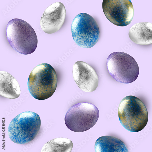 Beautiful Easter eggs on lilac background