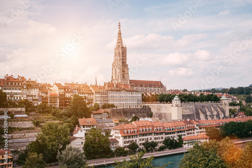 Panoramic view on Bern Minster and historic old town of Bern