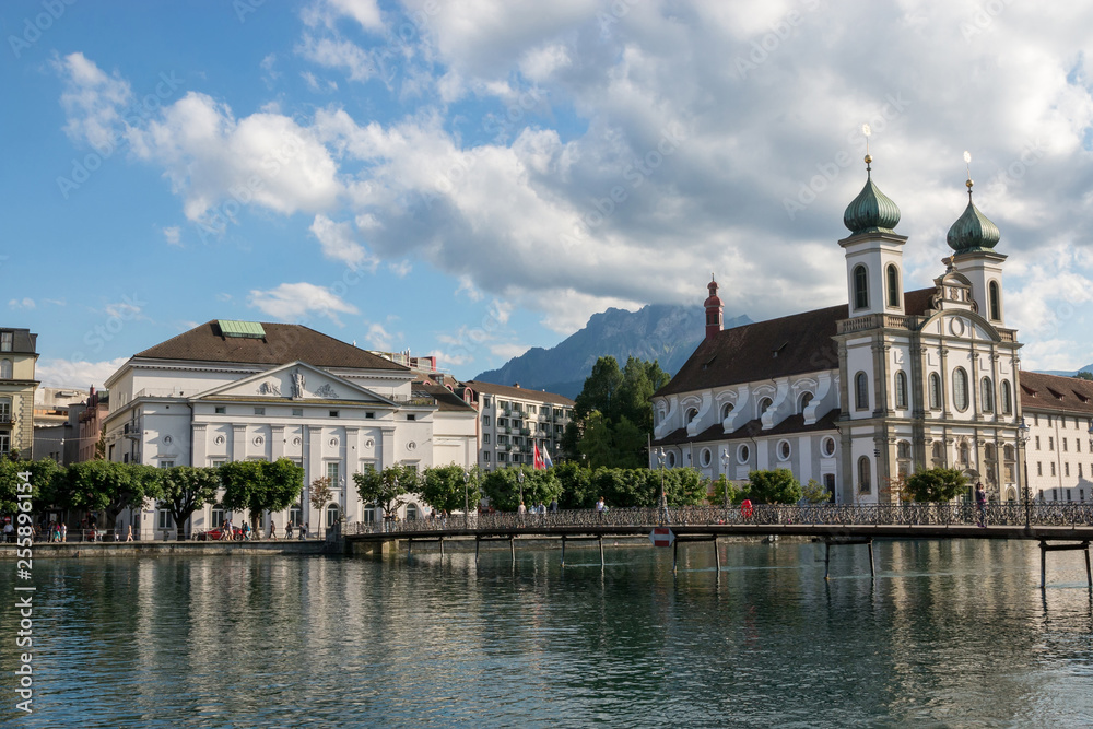 Panoramic view of Lucerne city with Jesuit Church and river Reuss