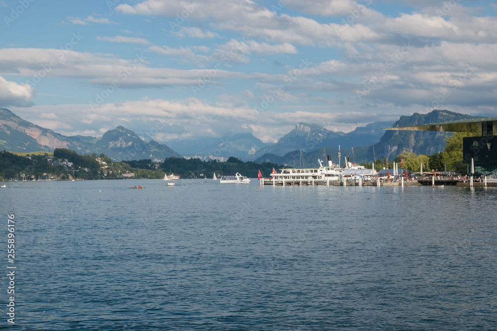 Fototapeta premium Panorama of Lucerne lake and mountains scene in Lucerne, Switzerland