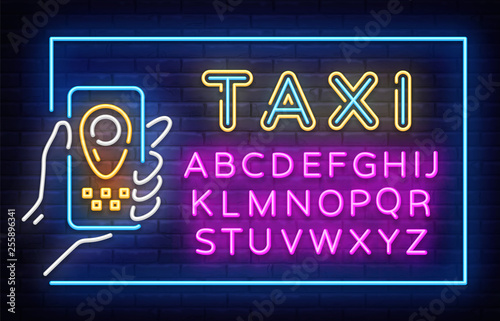 Taxi Neon Signboard in Frame Vector. Taxi neon sign, design template, modern trend design, night neon signboard, night bright advertising, light banner. Vector illustration. Editing text neon sign
