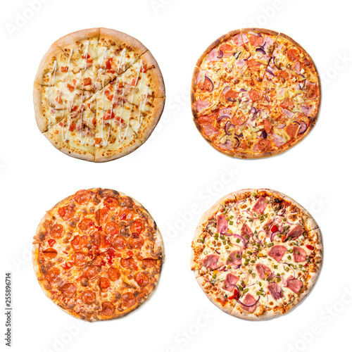Fresh tasty pizza collage set on white background. Top view