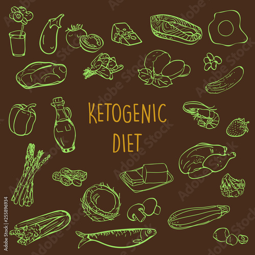 Ketogenic Diet vector sketch banner illustration. Healthy concept with food illustration collection - fats, proteins and carbs on one Keto vector illustration