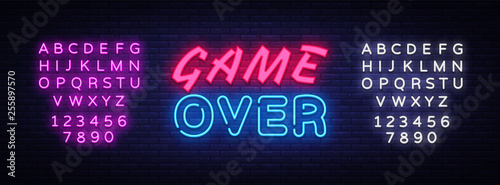 Game Over neon text vector design template. Game Over neon logo, light banner design element colorful modern design trend, night bright advertising, bright sign. Vector. Editing text neon sign