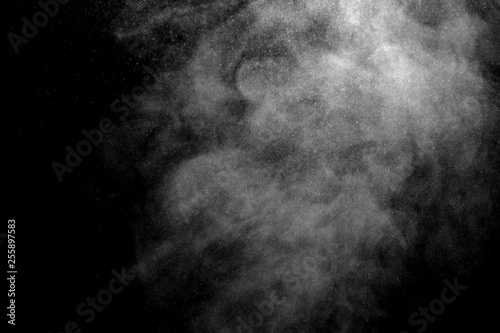 isolated smoke, abstract powder, water spray on black background.