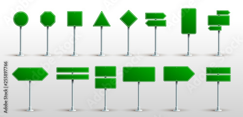 Set Of Green Traffic Signs. Road Board Text Panel, Mockup Signage Direction Highway City Signpost Location Street Arrow Way. Vector. Illustration. Isolated On White Background.