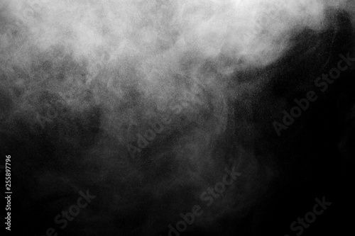 isolated smoke, abstract powder, water spray on black background.