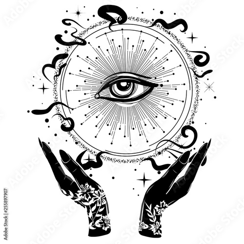 Vintage boho illustration with predictive ball and witch's hands. Fortune teller's sphere