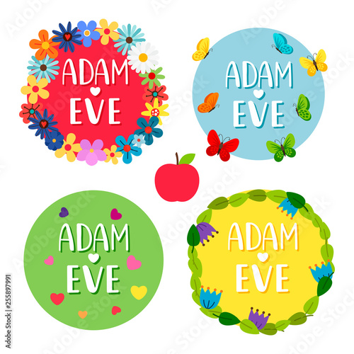 Adam and Eve banners with flowers, leaves, butterflies, hearts vector set. Bible christianity badge colored illustration