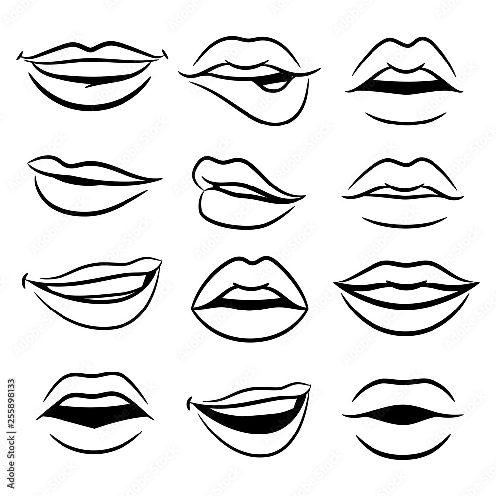 Black and white comic female lips vector set. Illustration of lips