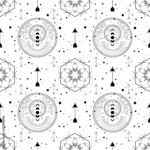 Sacred geometry seamless pattern. Astrology and astronomy vibes.Can be used for wallpapers, gift wrap, textile, duvets and linens