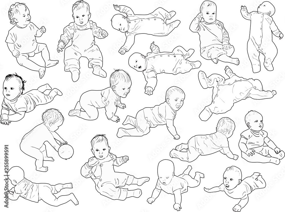 seventeen child outlines collection isolated on white