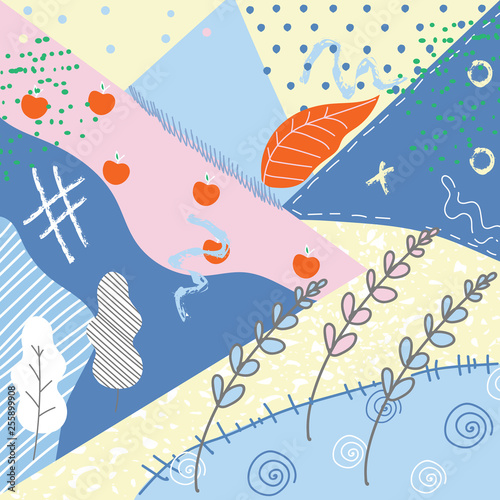 Abstract vector background with rough brush strokes, hand drawn dots, grain, textures and minimalist elements. Suitable for creating greeting cards, invitations, banners, web, flyers, brochures