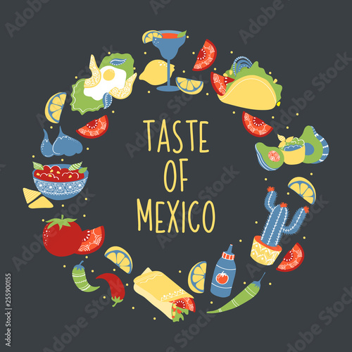 Set of colorful freehand Mexican food elements: burrito, taco, margarita, lemon, cactus, tomato, salsa, sauce, garlic, pepper. Hand drawn food for restaurant menu, banner, flyer, print design.