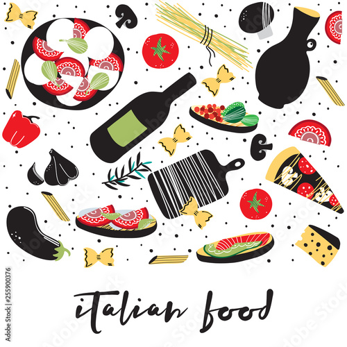 Italian cuisine vector illustration with caprese salad, olive oil, macaroni, spaghetti, garlic, tomato, cheese, eggplant, mushroom, pizza, bruschettas. Hand drawn food menu, flyer, banner. 