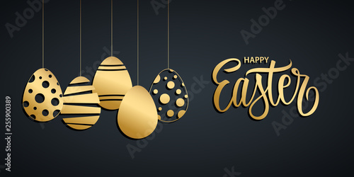 Happy Easter holiday banner with handwritten easter greetings and gold colored easter eggs. Vector illustration.