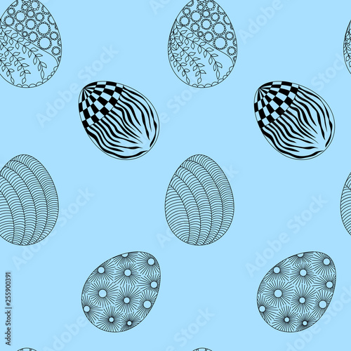 easter eggs on blue background in zenart style, seamless pattern