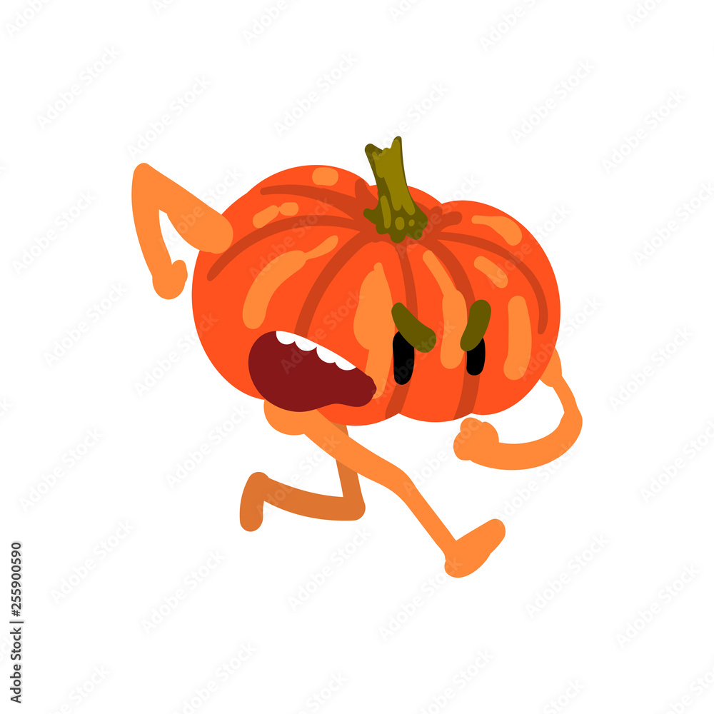 Obraz premium Angry Pumpkin Running, Screaming Vegetable Character with Funny Face Vector Illustration