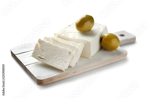 Fototapet Tasty feta cheese on white background